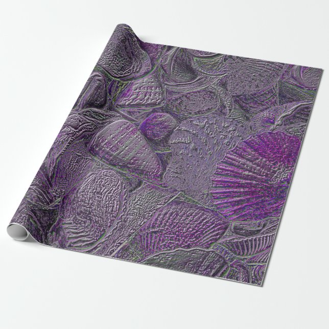 Papier Cadeau Sea Shells Ocean Beach Gris violet Métal (Déroulé)