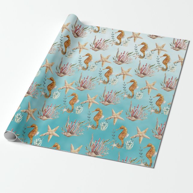 Papier Cadeau Seahorses Starfish Sous La Mer Bleue Des Caraïbes (Déroulé)
