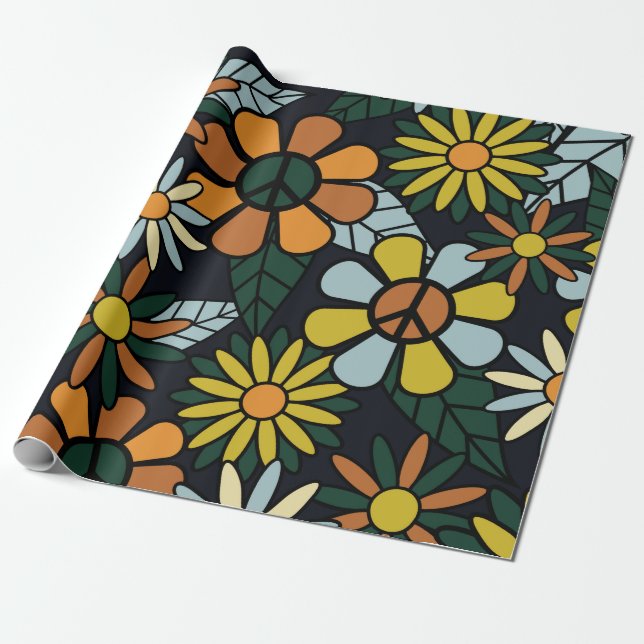 Papier Cadeau Seamless 70's retro hippie flowers pattern - Vinta (Déroulé)