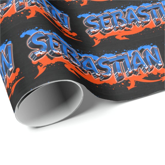 Papier Cadeau Sebastian Prénom Graffiti blue orange (Coin rond)