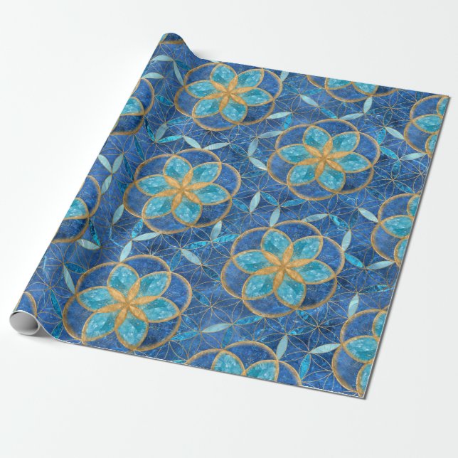 Papier Cadeau Semences de vie en Fleur de vie Motif - Blues (Déroulé)