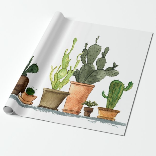 Papier Cadeau Sept cactus d'aquarelle vert dessinés à la main en (Déroulé)