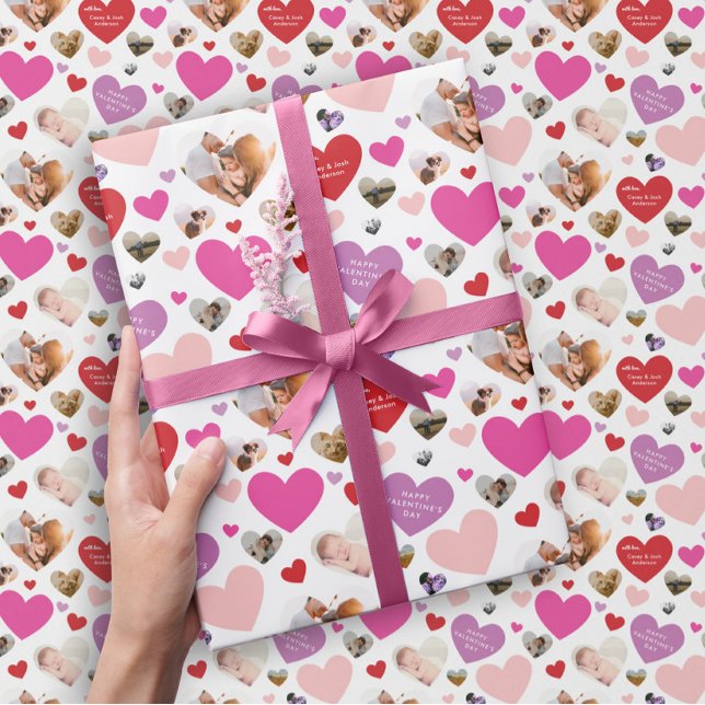 Papier Cadeau Sept Photo Saint Valentin Coeur (cute Valentine's Day gift wrap with seven personalized photo hearts and custom text)
