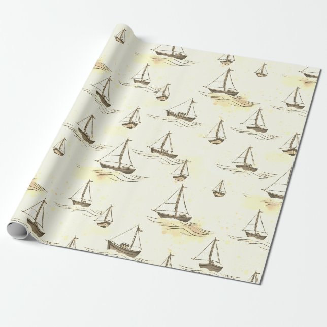 Papier Cadeau Serene Beige Voiliers Motif sur mer (Déroulé)