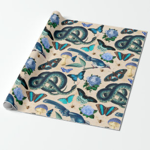 Papier Cadeau Serpents bleus Oiseaux et papillon