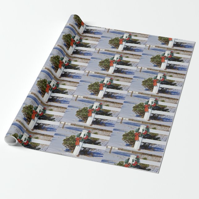 Papier Cadeau Serre de Noël et clôture blanche Papier d'envelopp (Déroulé)