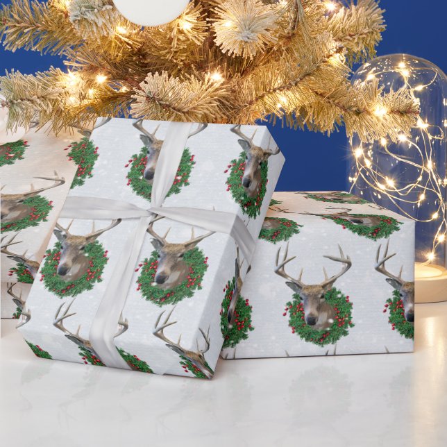 Papier Cadeau Serrure de cerf et couronne de Noël dans les floco (Vacances)