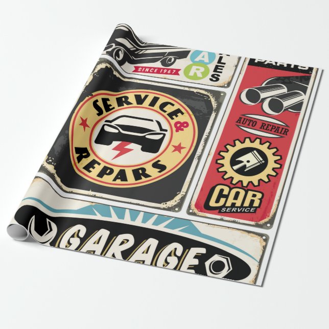 Papier Cadeau Service de voiture et réparation rétro panneaux de (Déroulé)
