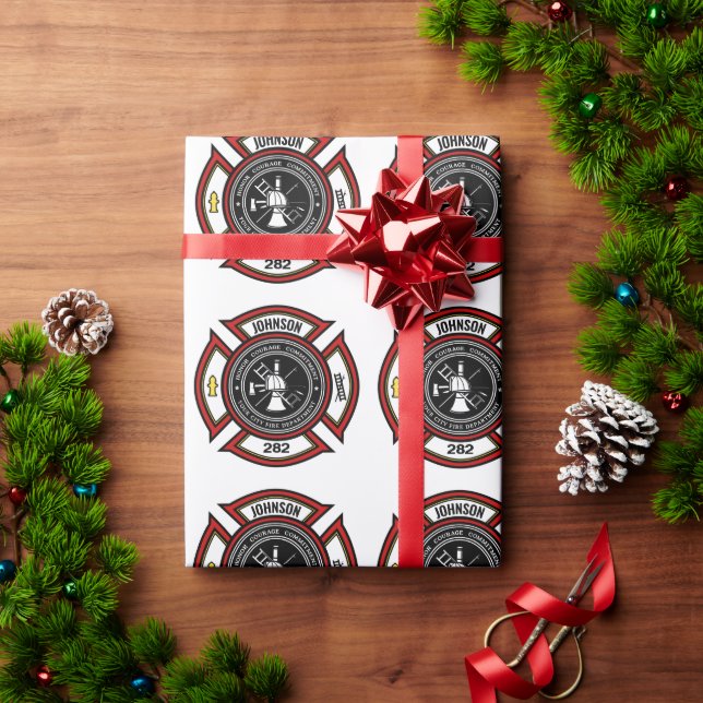 Papier Cadeau Service d'incendie AJOUTER LE NOM Pompier Insigne  (Cadeau de vacances)