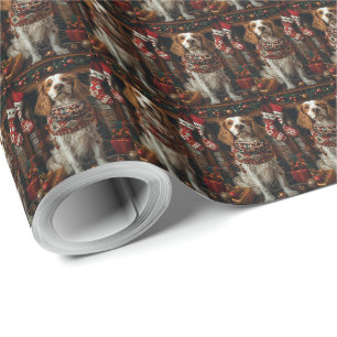 Papier Cadeau Setter Anglais Chien Avec Cadeaux De Noël Cheminée