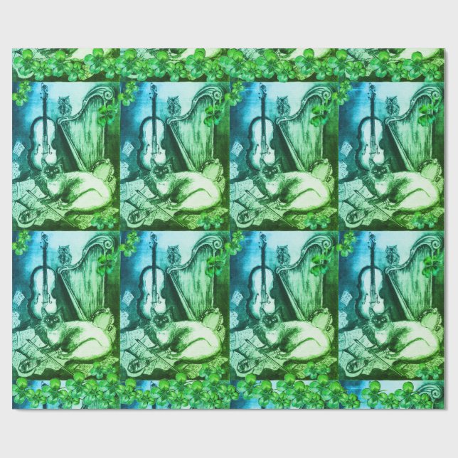 Papier Cadeau Shamrock et St.Patrick's Day Cat Making Music (Plat)