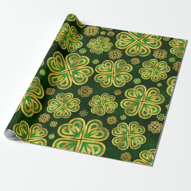 Papier Cadeau Shamrock irlandais Motif de quatre feuilles de trè (Déroulé)