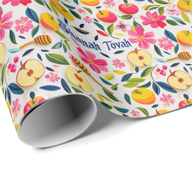 Papier Cadeau Shana Tova avec pomme et goutte de miel (Coin rond)