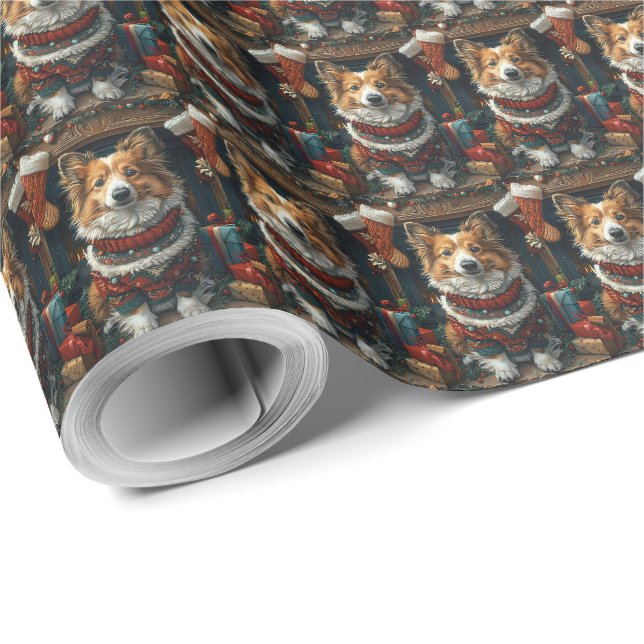 Papier Cadeau Shetland Sheepdog Avec Cheminée Cadeaux De Noël (Coin rond)