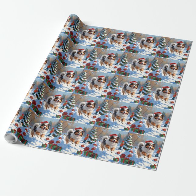 Papier Cadeau Shetland Sheepdog Courir La Neige Avec Le Casquett (Déroulé)