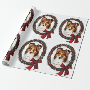 Papier Cadeau Shetland Sheepdog - couronne de Noël