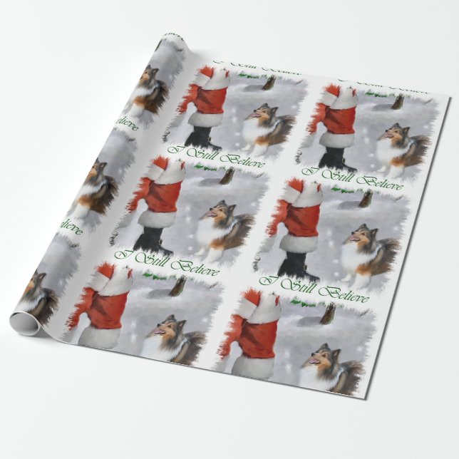 Papier Cadeau Shetland Sheepdog croient Noël (Déroulé)