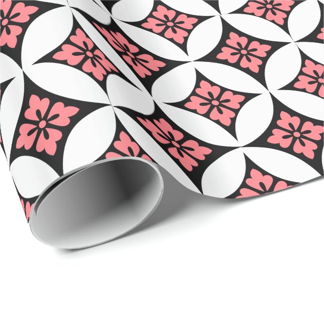 Papier Cadeau Shippo avec Motif Fleur, noir, blanc et rose (Coin rond)