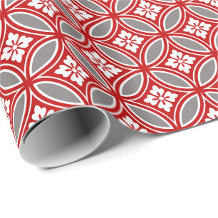 Papier Cadeau Shippo avec Motif Fleur, Rouge, Blanc et Gris