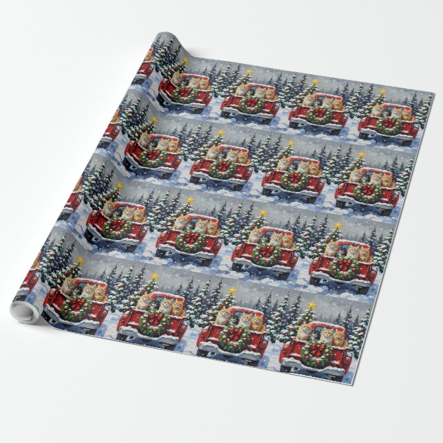Papier Cadeau Siberian Cat Christmas Red Truck Holiday (Déroulé)