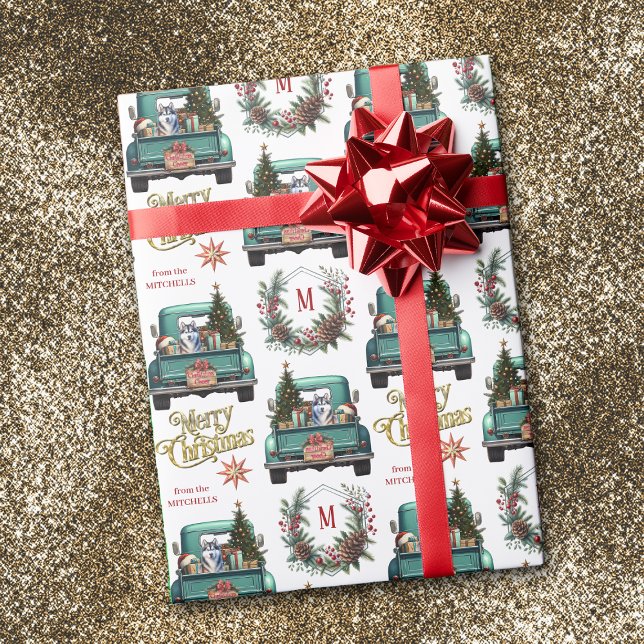 Papier Cadeau Sibérie Husky Chien Retro Camion Monogramme Noël (Créateur téléchargé)
