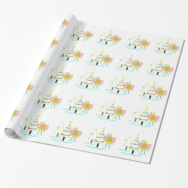 Papier Cadeau siècle moderne arbres de noël rétro (Déroulé)