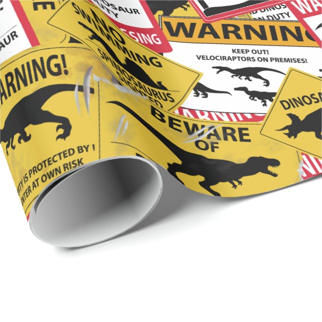 Papier Cadeau Signes de précaution de dinosaure (Coin rond)