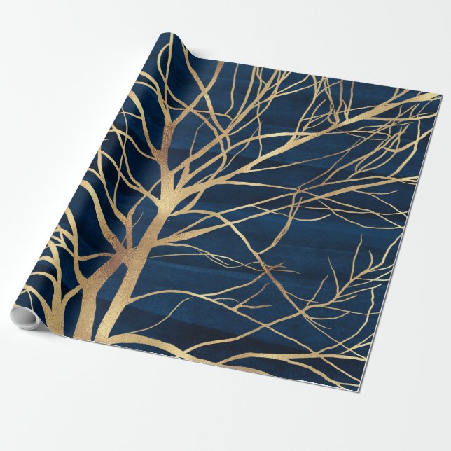 Papier Cadeau Silhouette Arbre d'Or moderne Design bleu minimal (Déroulé)