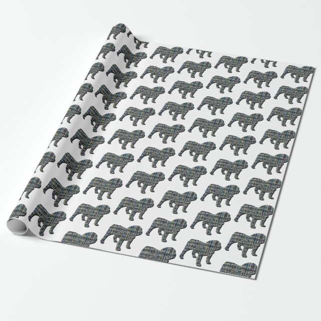 Papier Cadeau Silhouette Bulldog Anglais Grille Y&B Blanc (Déroulé)