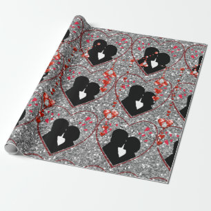 Papier Cadeau Silhouette Couple Rouge Coeur Droplets Argent