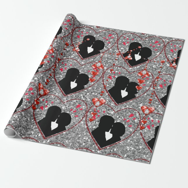 Papier Cadeau Silhouette Couple Rouge Coeur Droplets Argent (Déroulé)