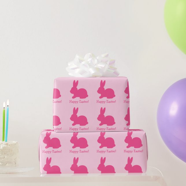 Papier Cadeau Silhouette Lapin Rose Avec Texte Joyeux Pâques (Cadeaux de fête)