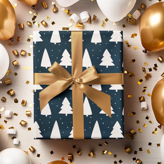 Papier Cadeau Silhouettes d'arbre de Noël blanc & bleu (Créateur téléchargé)