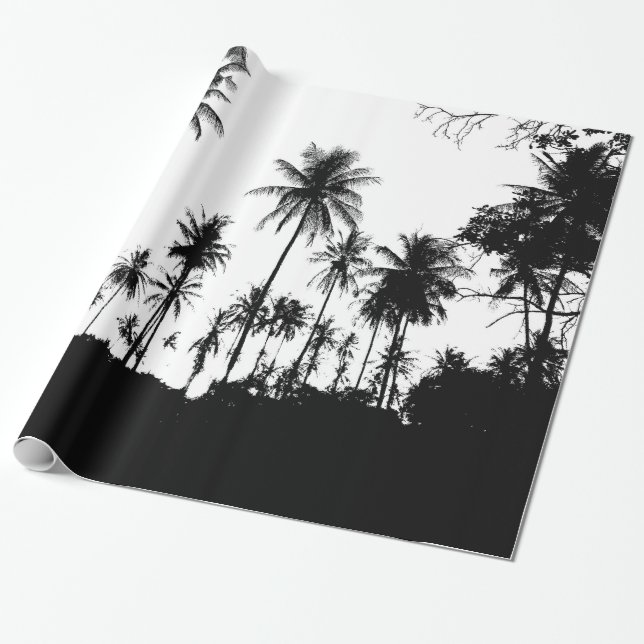 Papier Cadeau Silhouettes de palmiers exotiques noirs blancs haw (Déroulé)