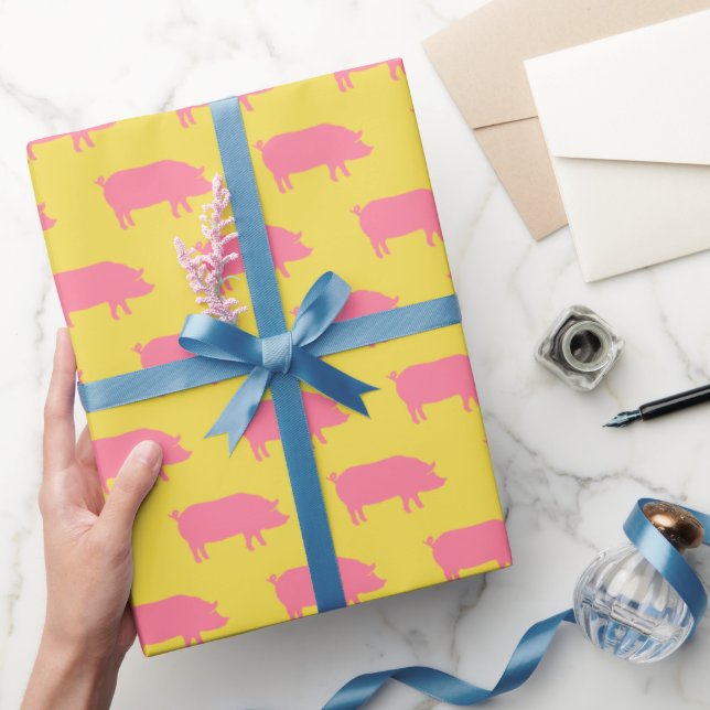 Papier Cadeau Silhouettes de porc Motif rose et jaune (Cadeaux)