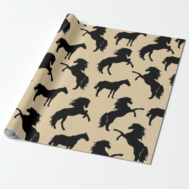 Papier Cadeau Silhouettes rustiques de Cheval Noir & Taupe (Déroulé)