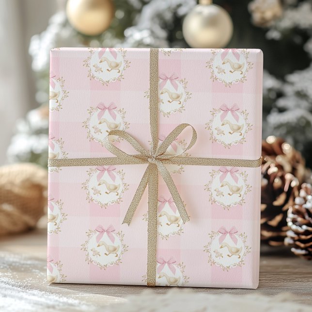 Papier Cadeau Silly Goose Pink Bow Whimsical Preppy Gingham (Créateur téléchargé)