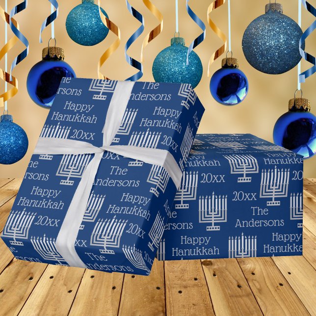 Papier Cadeau Silver Menorah Blue Chic Hanoukka personnalisé (Créateur téléchargé)