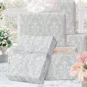 Papier Cadeau Silver Sage Vert Blanc Damas Élégant Mariage