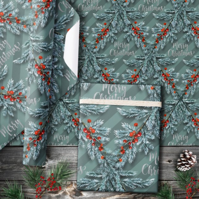 Papier Cadeau Silver Spruce Red Berries Lattice Joyeux Noël (Créateur téléchargé)