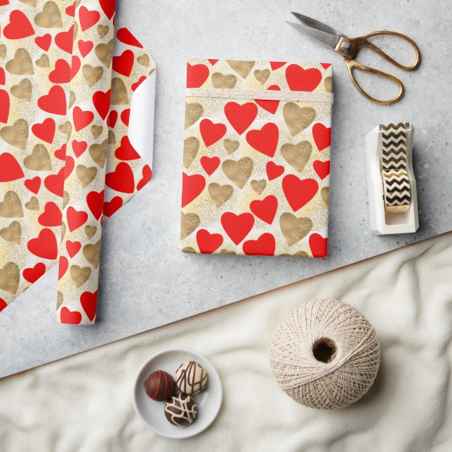 Papier Cadeau Simple Hearts Motif en Red & Faux Gold Parties sci (Artisanat)