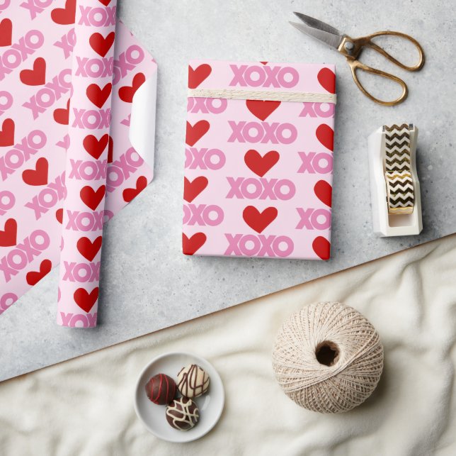 Papier Cadeau Simple moderne Amour XOXO Coeurs rose et Motif rou (Artisanat)