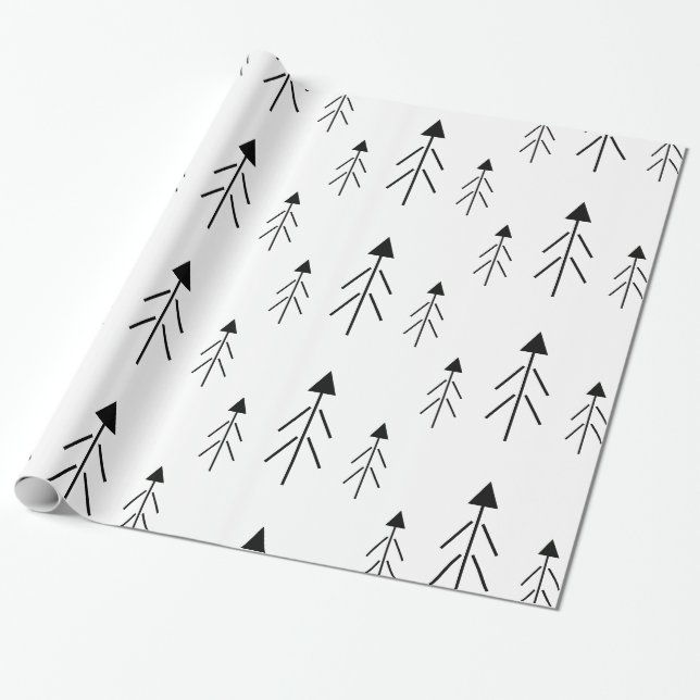 Papier Cadeau Simple Noir Blanc Joyeux Arbres de Noël Enveloppem (Déroulé)