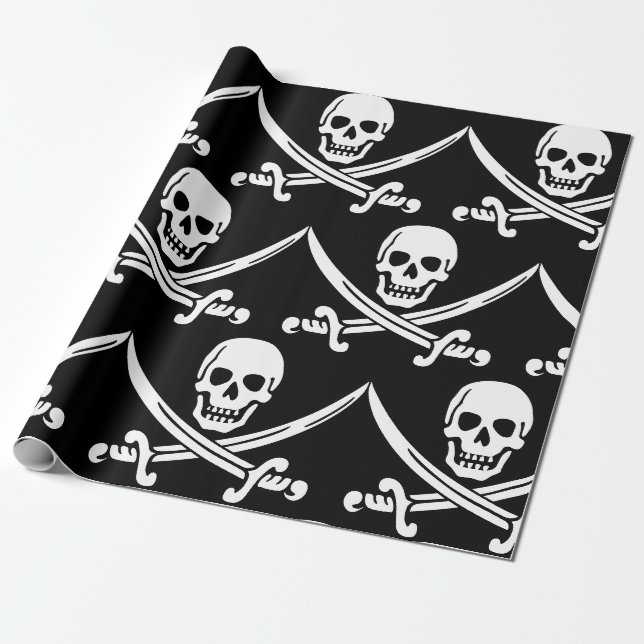 Papier Cadeau Simples crânes de pirates souriants avec épées cro (Déroulé)