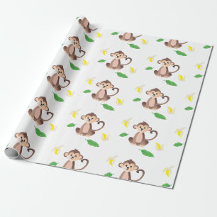 Papier Cadeau Singe avec banane écorché Motif vert jaune