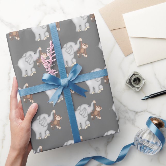 Papier Cadeau Singe et éléphant sur gris (Cadeaux)