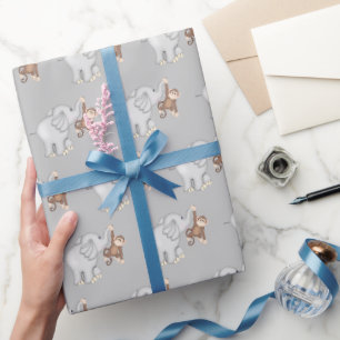 Papier Cadeau Singe et éléphant sur gris