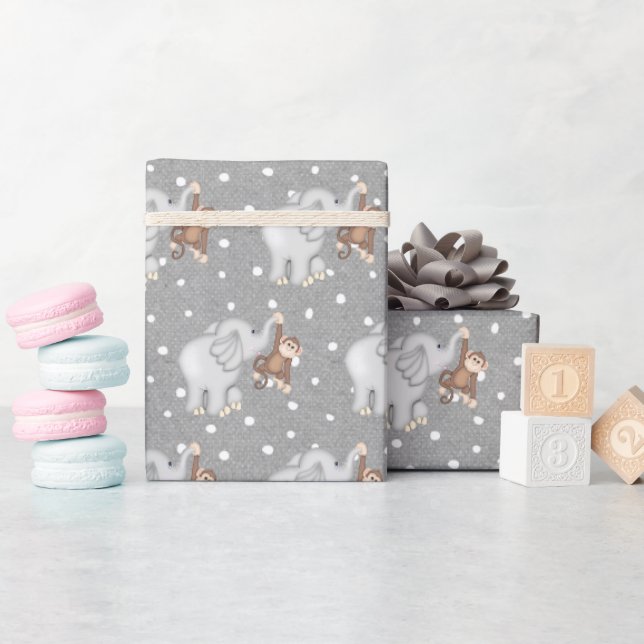 Papier Cadeau Singe et éléphant sur les Pois (Baby Shower)