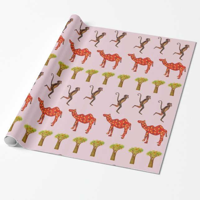 Papier Cadeau Singes Camels Cute Enveloppement Papier Enfants (Déroulé)