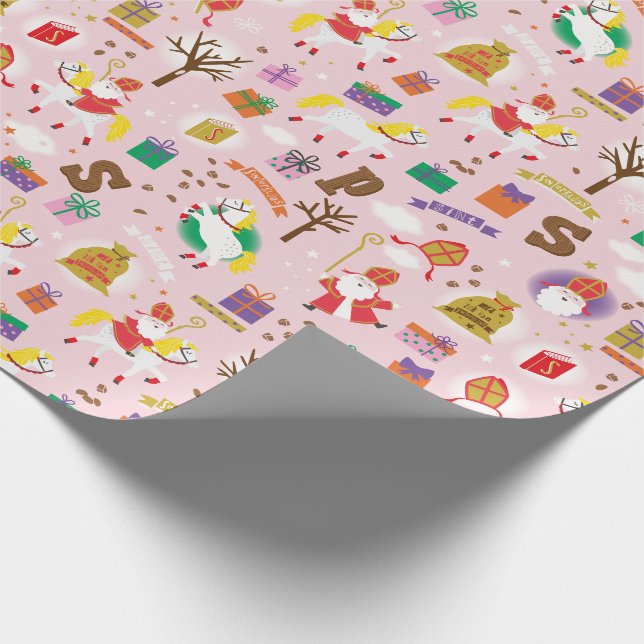 Papier Cadeau Sinterklaas avec cheval blanc, cadeaux et chocolat (Coin)